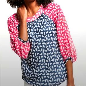 Boden Red White Navy Blue Printed Long Sleeve Ladies Blouse Size US 2 NWOT